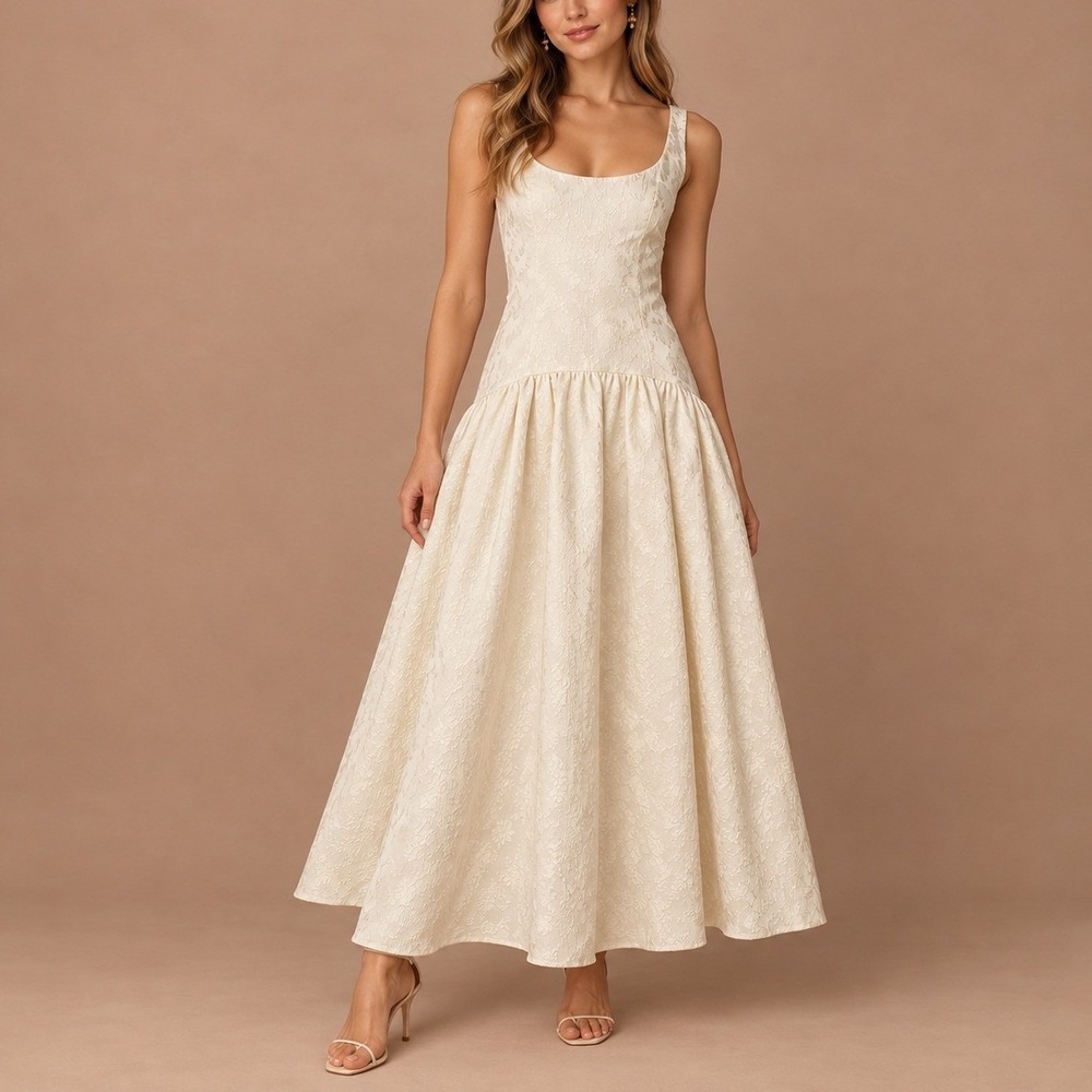Hutch Scoop-Neck Drop-Waist Jacquard Maxi Dress 14 Ivory Floral Bridal Formal